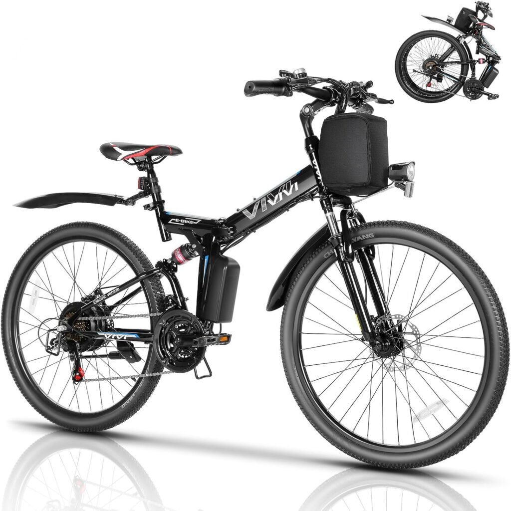 Vivi M026TGB Electric Bike 26 Electric Bike for Adults, Folding Electric Mountain Bike with 500W Motor, 48V Removable Lithium-Ion Battery, 21 Speed, 20MPH, Up to 50 Miles, Dual Shock Absorber, UL2849